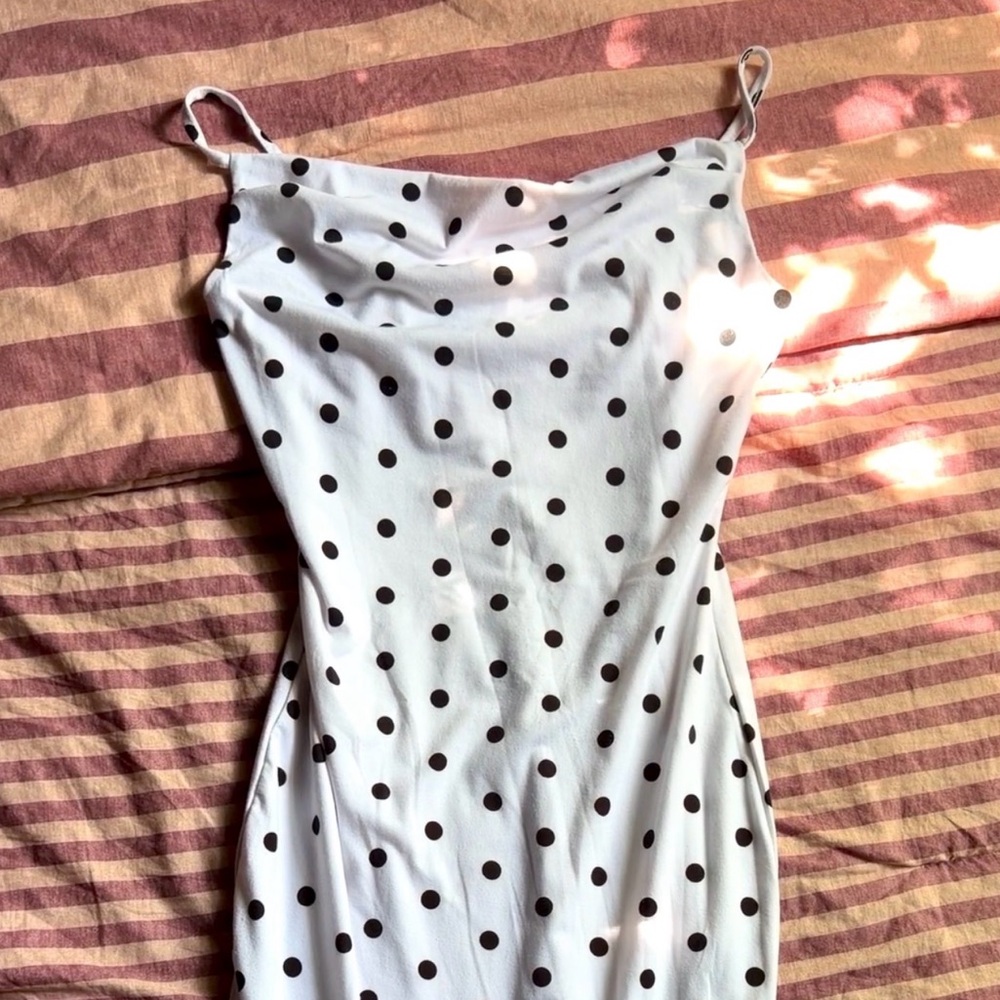 White Polka Dot Midi Slip Dress with Black Dots